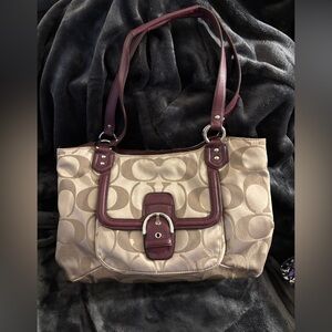 Coach Khaki Burgundy Campbell Signature Belle Carryall Tote Bag Purse F25294